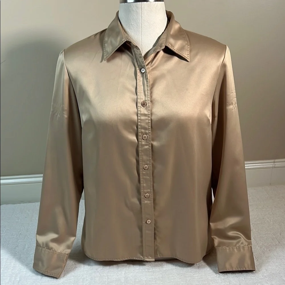 Karen Scott satin classic button down collared long sleeve blouse L - Picture 1 of 7